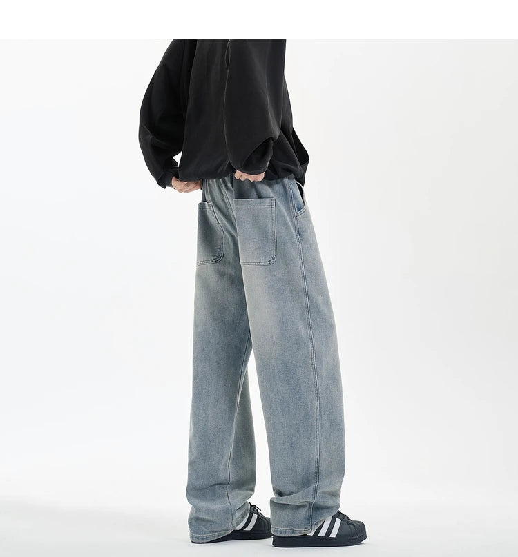 New Men's Jeans Washed Jeans Pants Unisex Drawstring Denim Pants Male Streetwear Korean Straight cylinder loose Cowboy Trousers