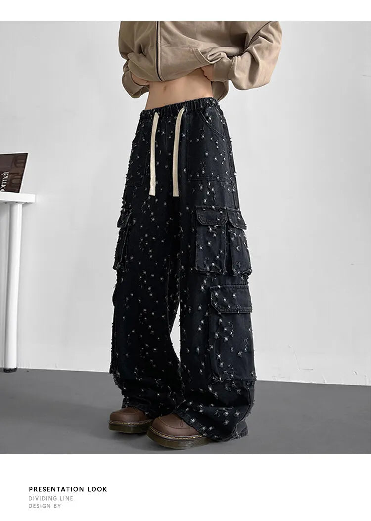 Cargo jean pants Men Wide Leg DenimLoose Straight Baggy Men's Jeans hip hop Streetwear Skateboard Neutral denim Trousers