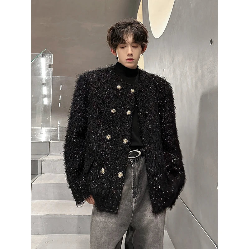 Men's Double-breasted Woolen jacket Cardigan Autumn Winter Trend Collarless Jacket Fashion Korean Style Chic Elgance Coat