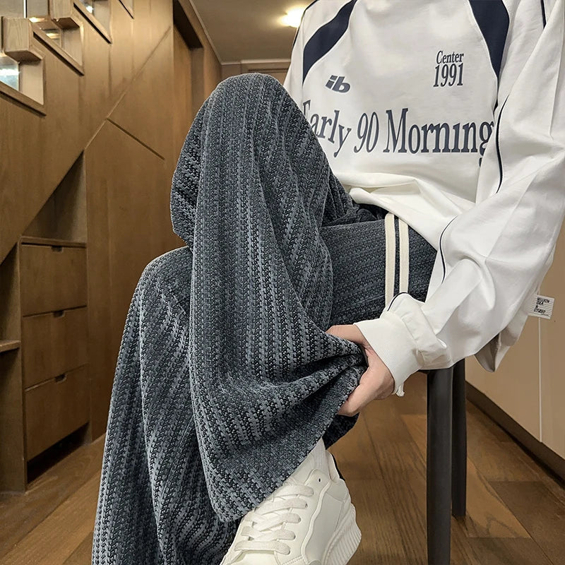 Autumn Casual Pants Men Fashion Retro Black Straight Wide Leg Pants Men Streetwear Loose Striped Pants Mens Vintage Trousers