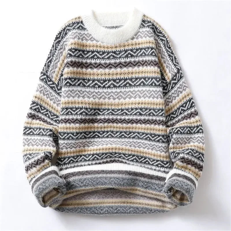 Round neck sweater for men and women autumn and winter new trend loose and high-end sense knitted sweater couple striped casual