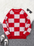 New Popular Autumn Winter Plaid Jacquard Pattern Pullover Sweater Casual Round Neck Contrast Color Knitted Men's Pullover