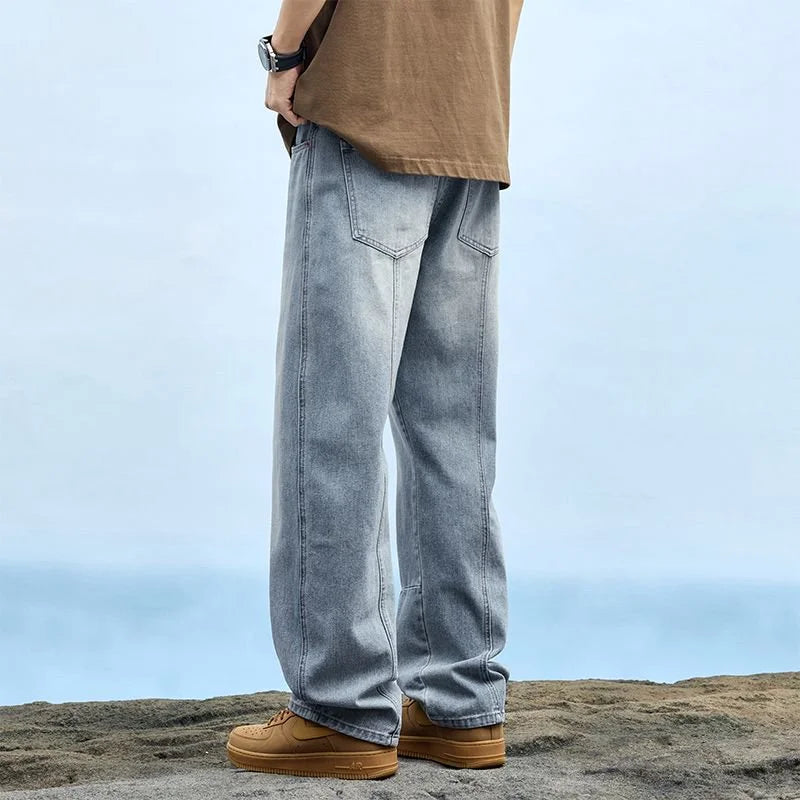 Men's Elastic-Waist Straight Loose Fit Denim Pants - Solid Color Casual Streetwear Jeans with Comfort Stretch