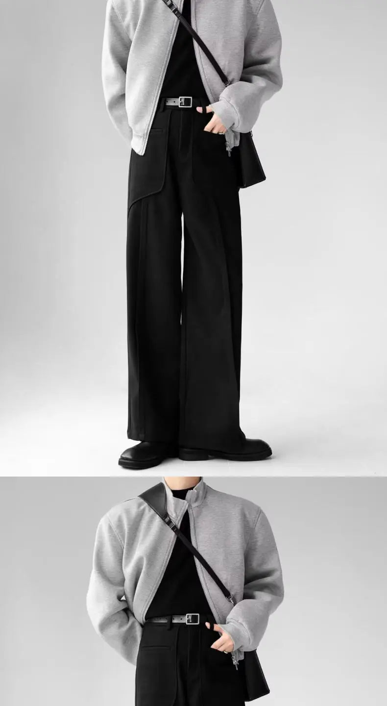Korean Elegant Pants Fake Pocket Decoration Wide-leg Pants Autumn New American Style Design Sense Spliced Straight Suit Trousers