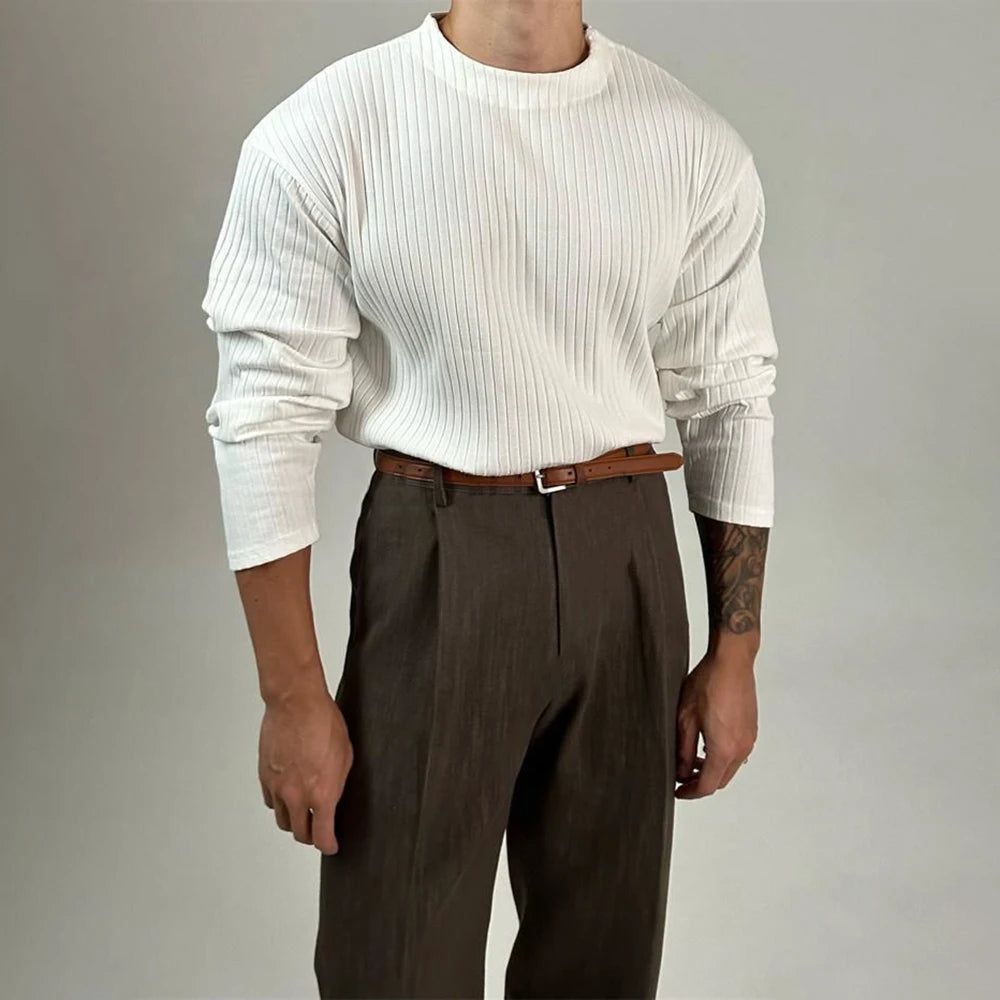 Mens Autumn Concave Convex Striped Off-Shoulder Long-Sleeved Knitted T-Shirt Gender-Neutral Casual Solid Color Loose Top Unisex