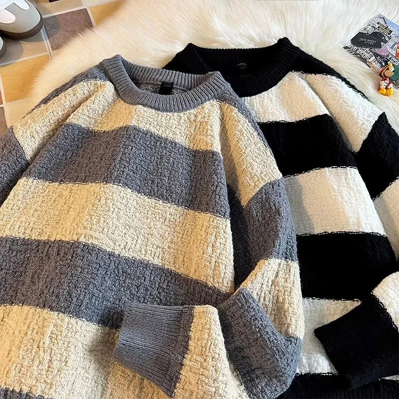 Striped Sweaters Men Fashion Loose Casual Autumn Winter Round Neck Panelled Couple Japanese Style Unisex Streetwear Knitting