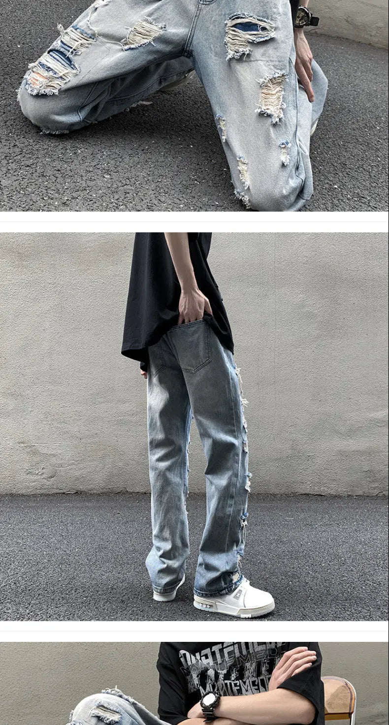 European and American High Street Spring and Autumn Vintage Destruction Washed Straight leg Jeans Couple Hip Hop Casual Pants