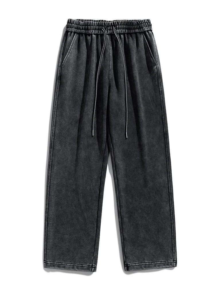 Mens Sweatpants High Street Acid Washed Cotton Elastic Waist Wide Leg Jogger Pants Drawstring Workout Long Pants