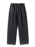 Mens Sweatpants High Street Acid Washed Cotton Elastic Waist Wide Leg Jogger Pants Drawstring Workout Long Pants