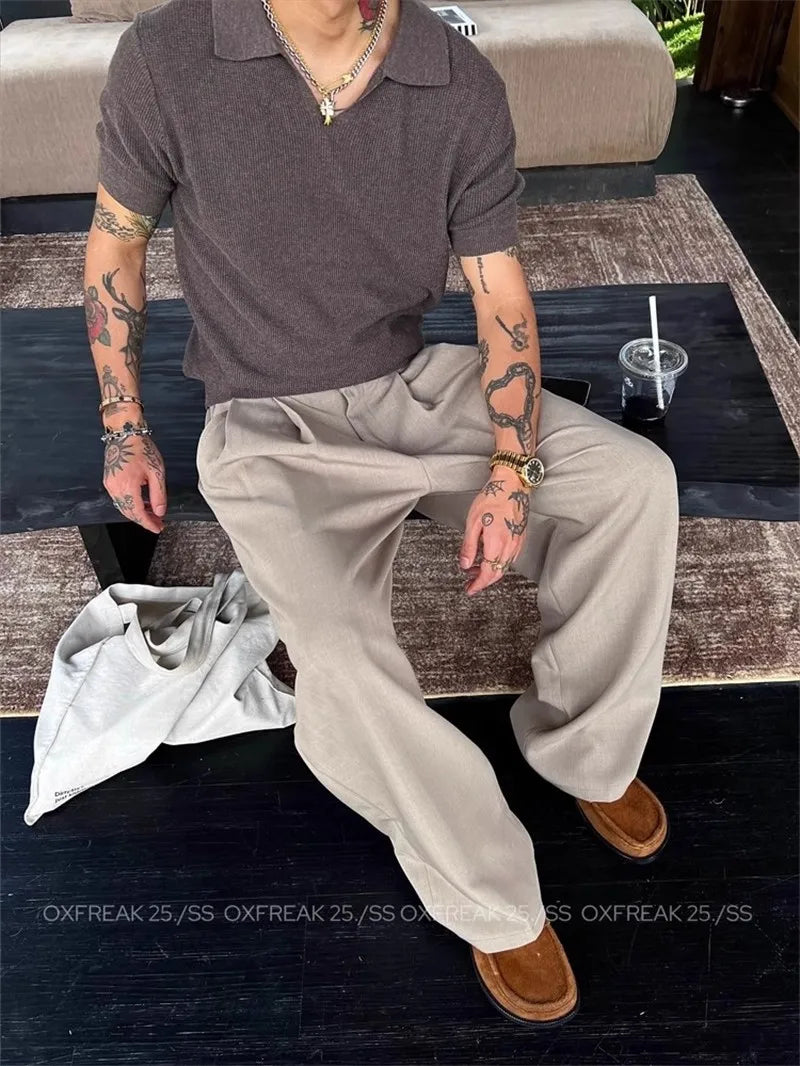 New Retro Fashion Men Suit Pants Light Luxury Draped Baggy Belt Button-down Solid Color Straight Trousers Elegant Dress Pants