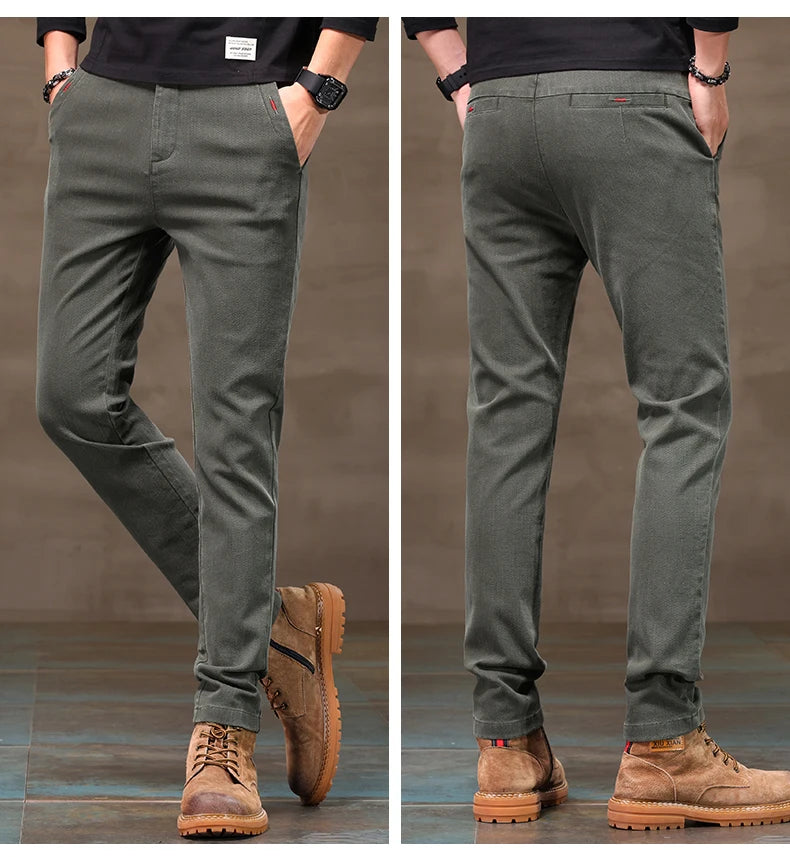 Men's Business Casual Pants Stretch Slim Fit Straight Semi-elastic Waist Trousers Solid Classic Office Work Male Clothing
