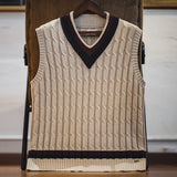 Retro Ivy Knit V-Neck Sweaters Vest Color-Block Sleeveless Classic Versatile Men's Khaki Tops with Preppy Style for Autumn