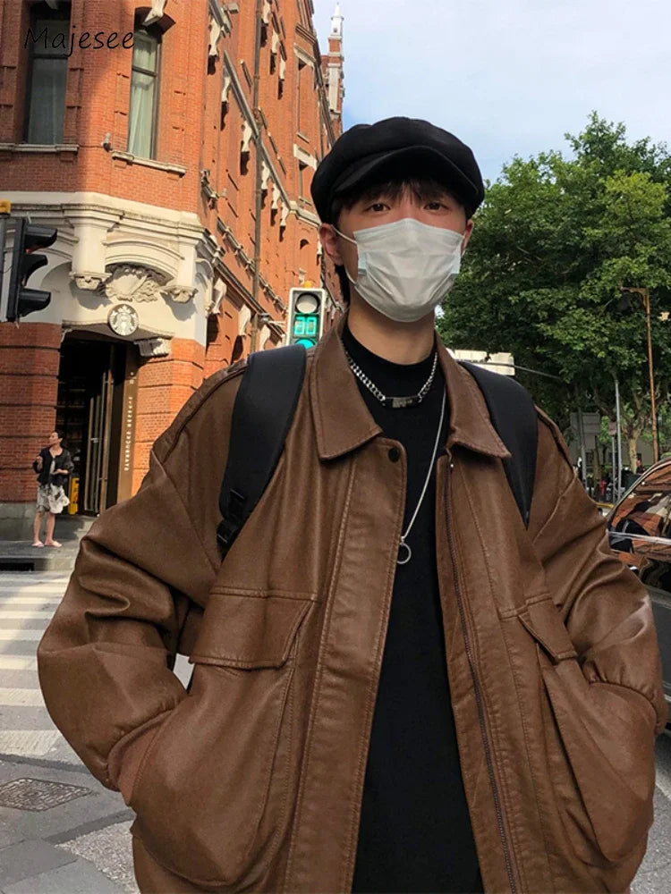 Mens Jacket Japanese Style Autumn Daily Casual Rib Sleeve Warm Streetwear All-match Outerwear Solid Color Multi Pockets Retro