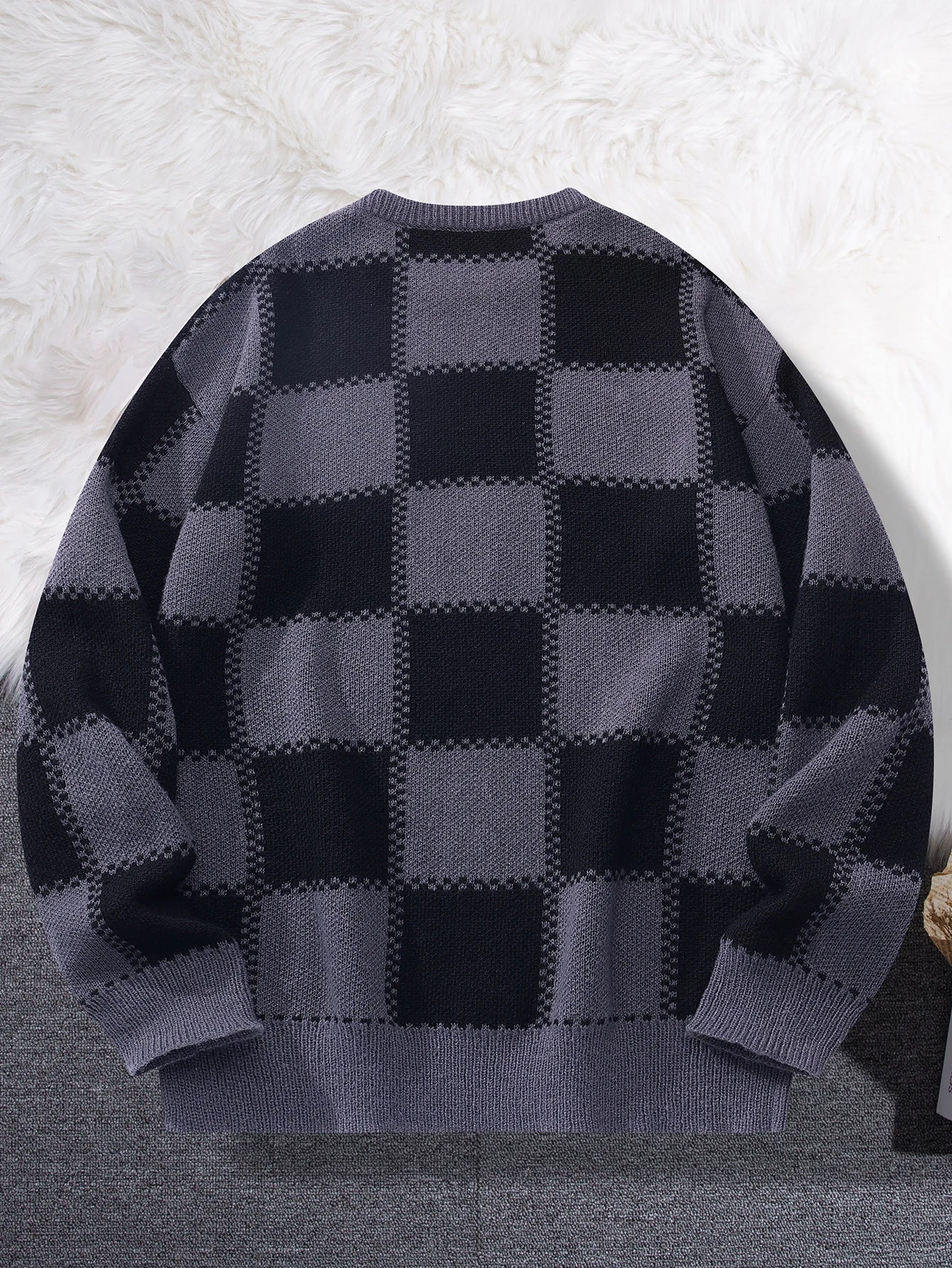 New Popular Autumn Winter Plaid Jacquard Pattern Pullover Sweater Casual Round Neck Contrast Color Knitted Men's Pullover