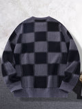 New Popular Autumn Winter Plaid Jacquard Pattern Pullover Sweater Casual Round Neck Contrast Color Knitted Men's Pullover
