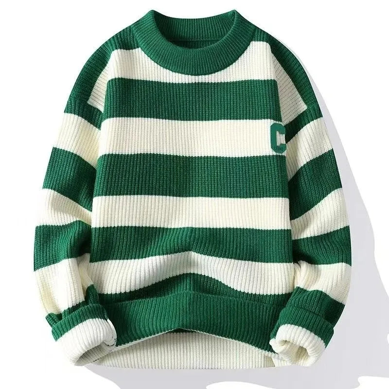 Autumn/Winter Men's Pullover Round Neck Loose Striped Contrast Letter Warm and Thick Casual Fashion Elegant Commuting Knitwear