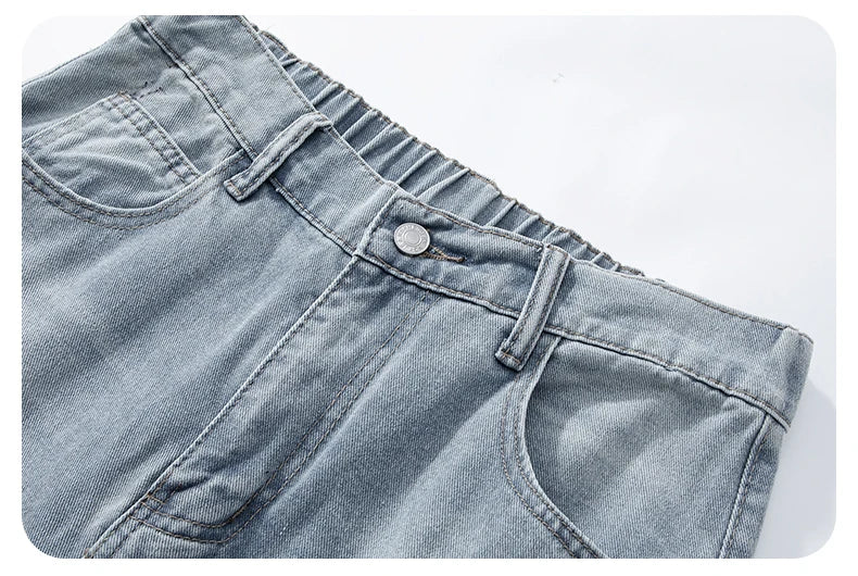 2025 Spring New Men's Ripped Jeans Baggy Straight Classic Light Blue Wide Leg Pants Elastic Waist Vintage Fashion Trousers Male