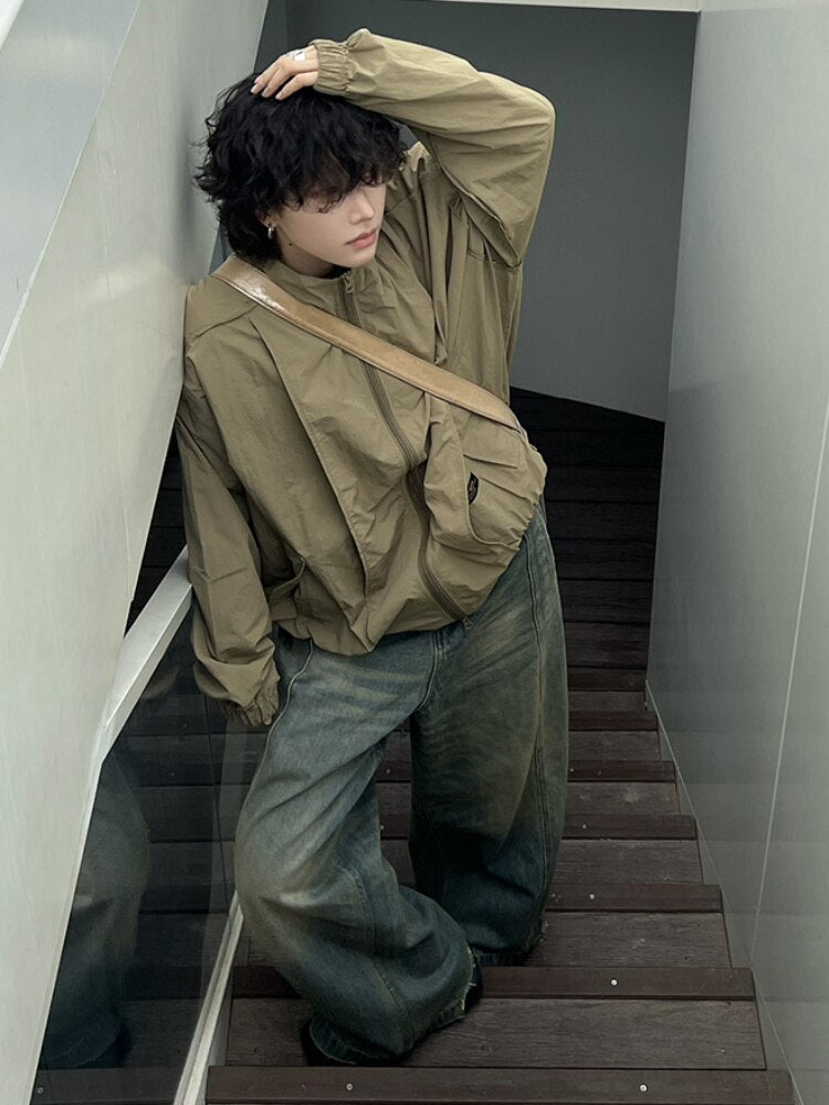 Spring Jackets Men Rib-sleeve Design Sun-proof Chic Unisex Loose Simple Japanese Style Males Outwear Basic Stand Collar Harajuku