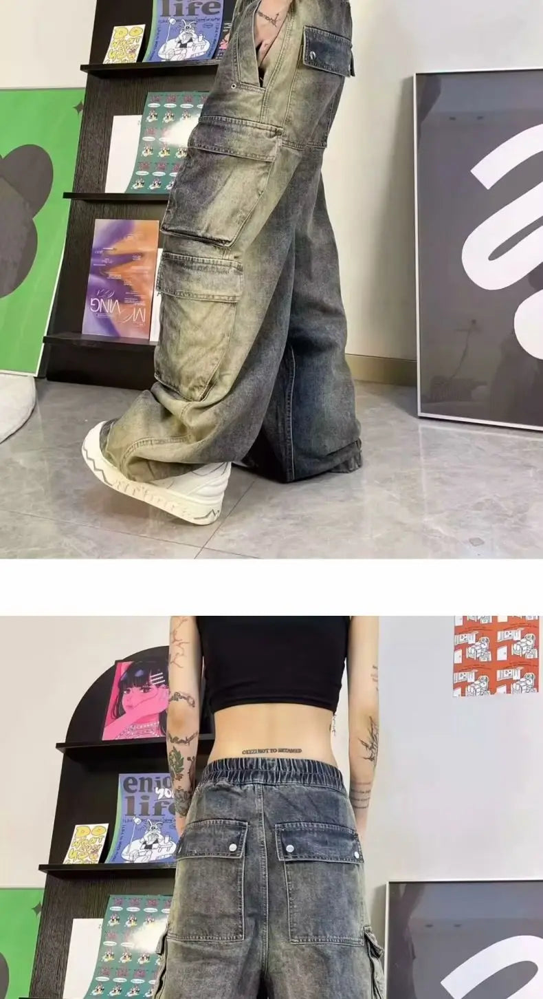 Street men and women trendy and personalized hip-hop straight leg washed gradient jeans for couples loose casual Harajuku pants