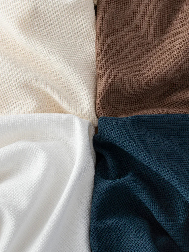 260G Men's Autumn Heavyweight Premium Waffle Basic T-shirt Long Sleeve Simple Solid Color Delicate White Tees Casual Daily Tops