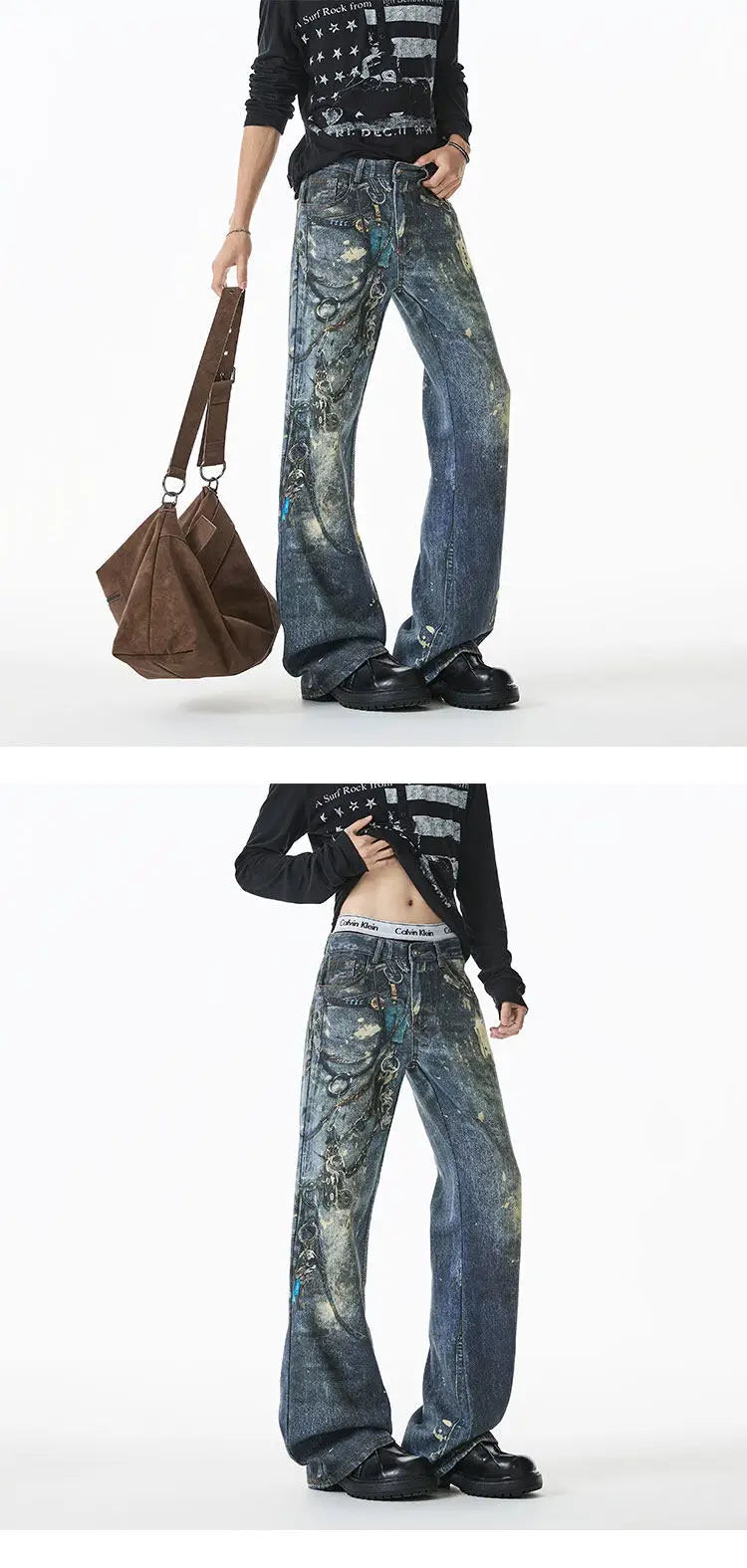 Jean Men Unique Design Graffiti Street Style Drag Jeans Urban Trendy Fashion Distressed Long Fit Casual Denim Pants Edgy Hip Hop
