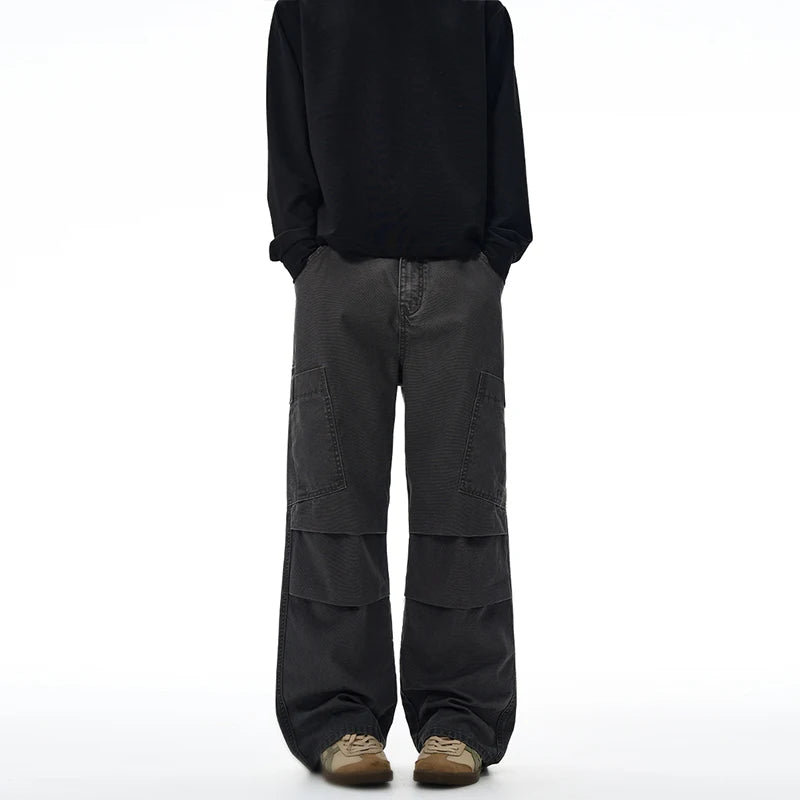 American Loose Straight Cargo Pants Men's Fashion Streetwear 100% Cotton Vintage Large Pocket Loose Casual Wide-leg Trousers