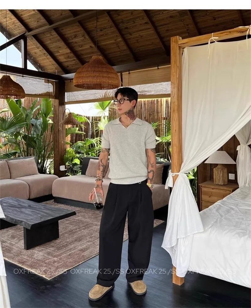 New Retro Fashion Men Suit Pants Light Luxury Draped Baggy Belt Button-down Solid Color Straight Trousers Elegant Dress Pants