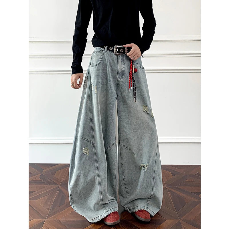 Loose Fit Jeans Men Baggy Wide Leg Denim Pants Patchwork Ripped Light Blue Wash Hip Hop Streetwear Fashion New 2025 autumn jeans