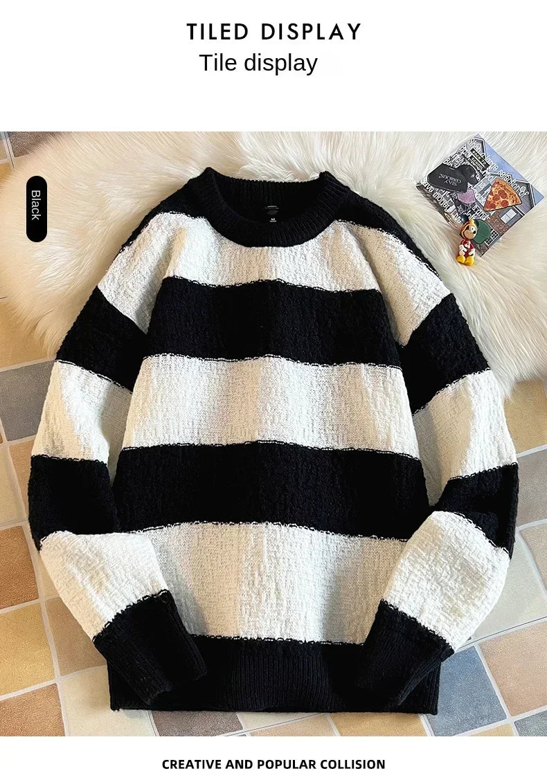 Men's New Black and White Striped Sweater Men's Autumn and Winter Loose Pullover Casual Top Men's Homestay Casual Warmth