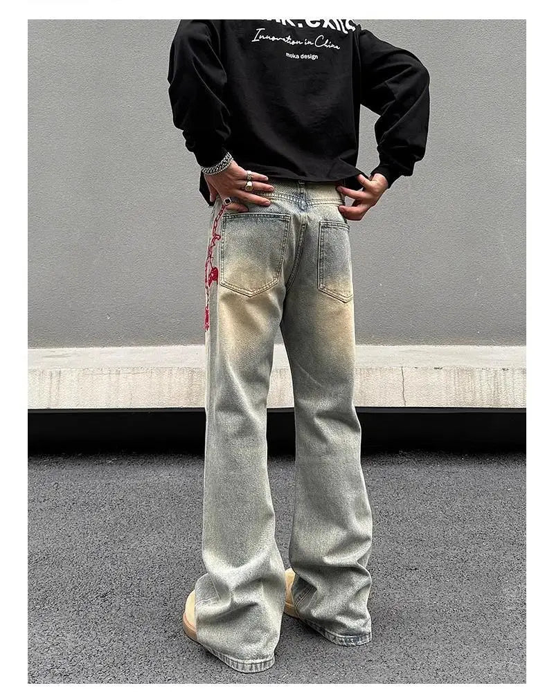 American retro men and women trend personalized embroidered straight leg washed jeans couple spring and autumn casual pants y2k