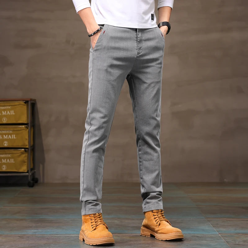Men's Business Casual Pants Stretch Slim Fit Straight Semi-elastic Waist Trousers Solid Classic Office Work Male Clothing