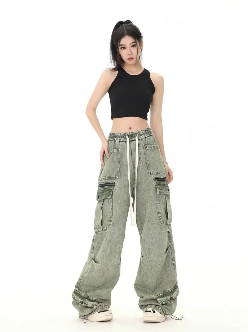 Hip hop retro high street men and women trendy personalized washed workwear jeans for couples loose straight leg casual pants