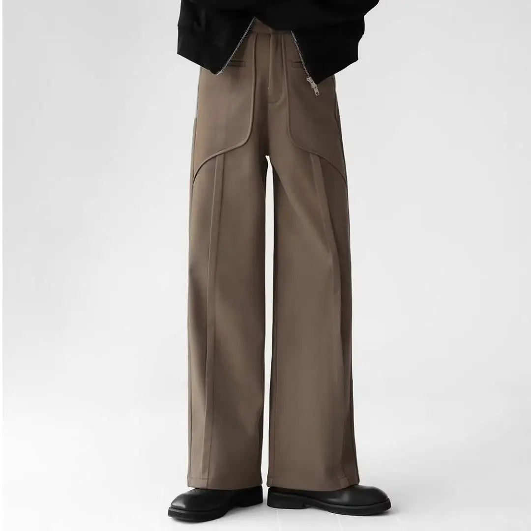 Korean Elegant Pants Fake Pocket Decoration Wide-leg Pants Autumn New American Style Design Sense Spliced Straight Suit Trousers