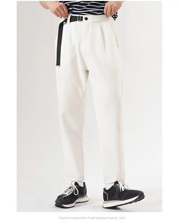 White Stretch Casual Ankle Pants Silhouette Men's Elegant Suit Pants Summer Korean Straight Loose Men's Smart Casual Trousers