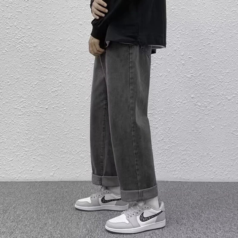 Men Straight-leg Men Jeans Male Baggy Streetwear Wide Leg Denim Pants Hip Hop Style Washed Jeans with Pockets Classic Straight