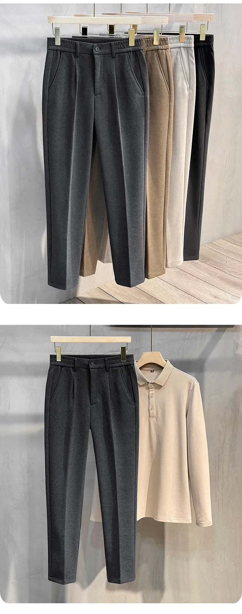 Autumn Winter Men's Woolen Suit Pants Formal Business Office Slim Straight Elastic Waist Korean Casual Tapered Brown Trousers