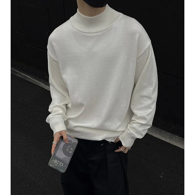 Men's Light Luxury Knit Mock Neck Sweater Autumn Winter Fashion Korean Long Sleeve Streetwear Leisure All-match Knitwear