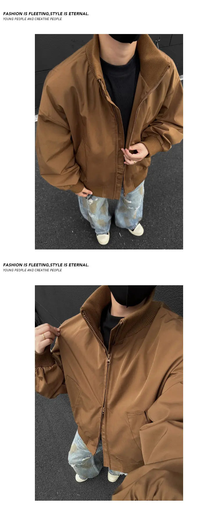 Jacket Mens Casual Jacket Solid Stand Collar Loose Fit Zipper Autumn Coat Ribbed Cuffs Relaxed Outerwear