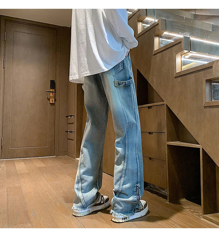 Autumn jeans men New Fashion Side Zipper Casual Jean Pants Men High Street Loose Straight Pant Mens Vintage All-match Trousers