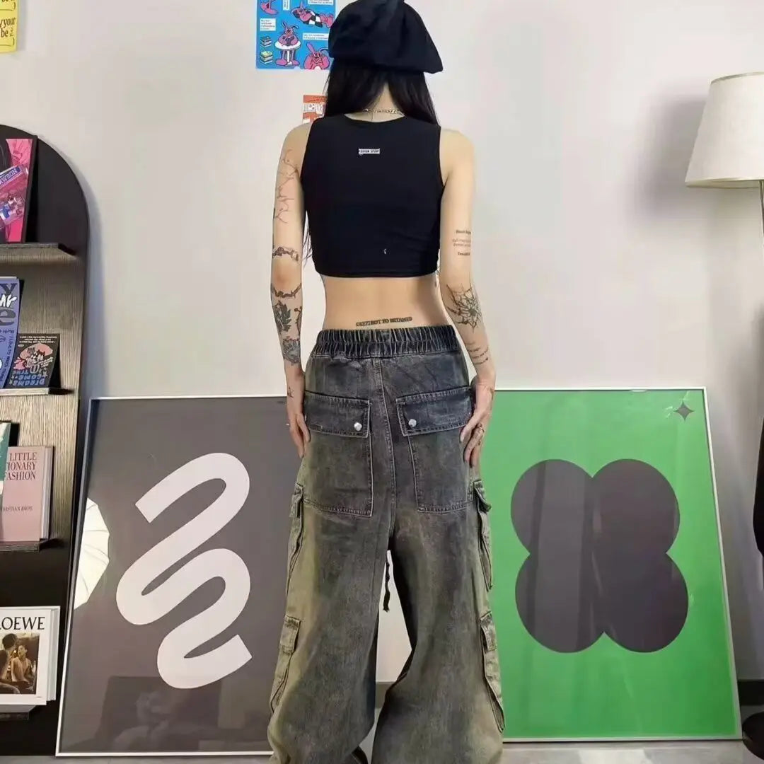 Street men and women trendy and personalized hip-hop straight leg washed gradient jeans for couples loose casual Harajuku pants