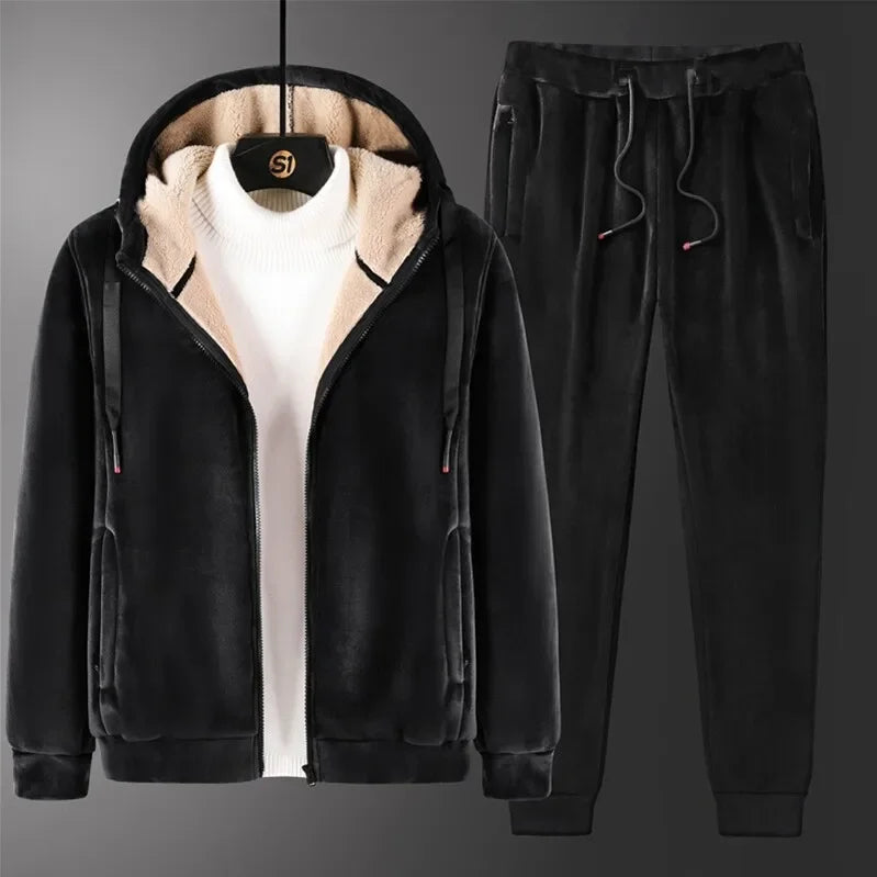 Men Winter Fashion Hoodies+Pants Set Hooded Clothes Plus Size Casual Thick Sportswear Warm Fleece Tracksuit Mens Warm Sets