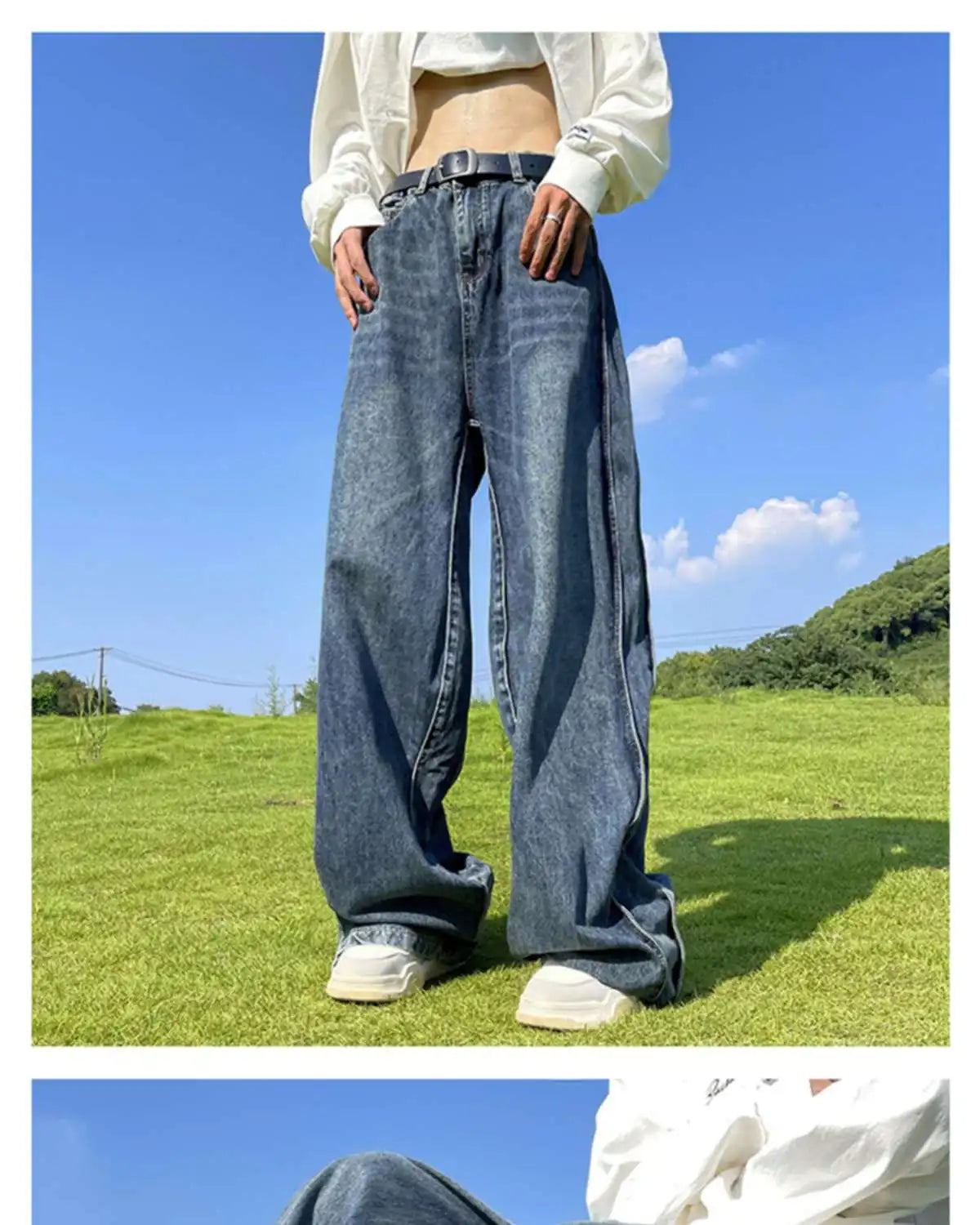 American High Street Jeans Men's Striped Patchwork Denim Pants Summer Loose Straight High-end Retro Versatile Wide-leg Trousers