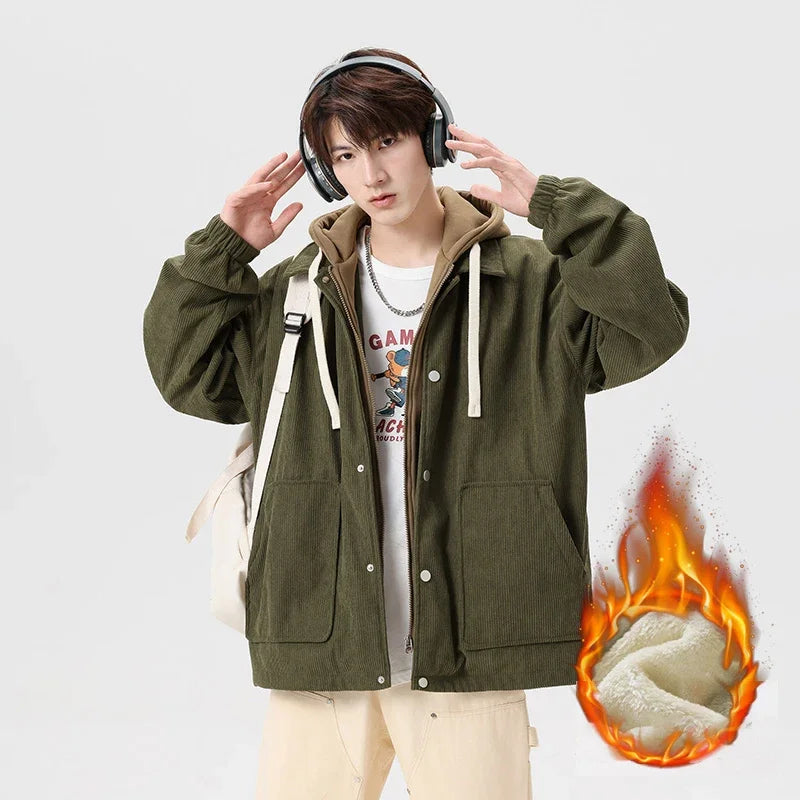 New Padded Jacket Men Winter Baseball Hoodie Wool Liner Jacket Men Hipster Workwear Street HipHop Top Fake Two Piece Casual