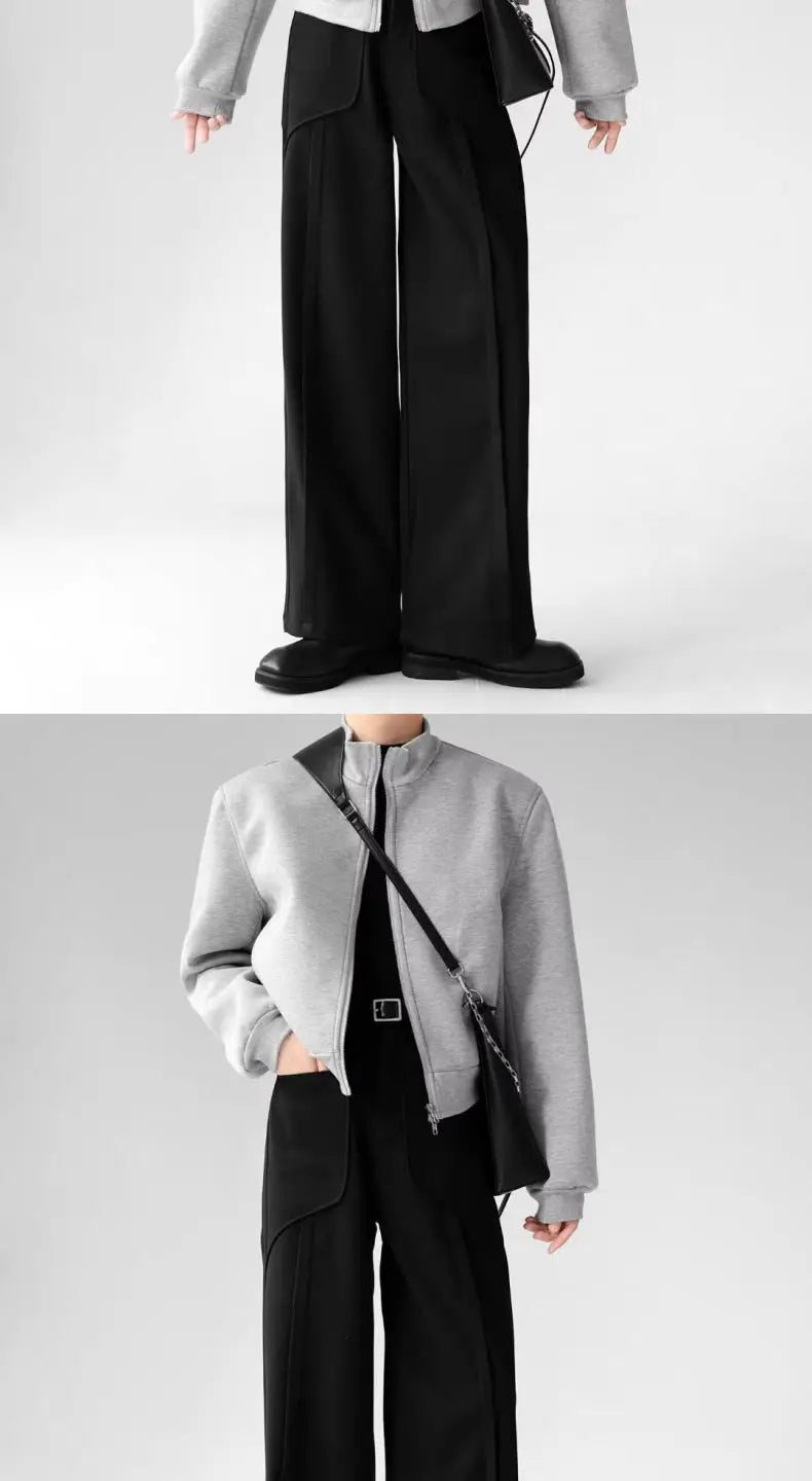 Korean Elegant Pants Fake Pocket Decoration Wide-leg Pants Autumn New American Style Design Sense Spliced Straight Suit Trousers
