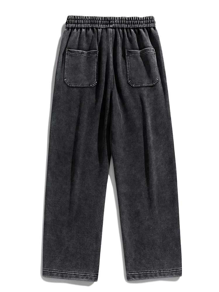 Mens Sweatpants High Street Acid Washed Cotton Elastic Waist Wide Leg Jogger Pants Drawstring Workout Long Pants