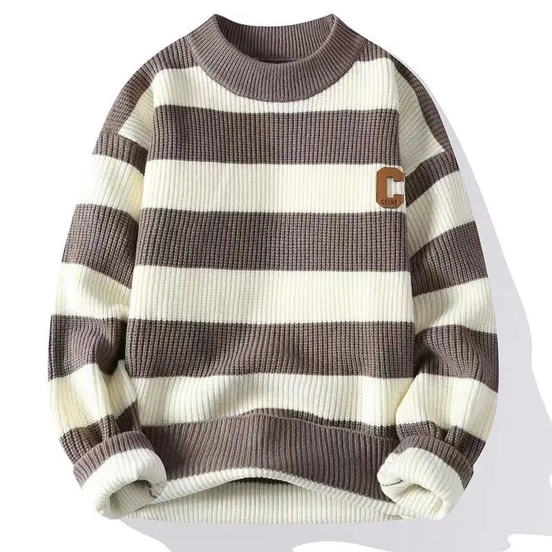 Autumn/Winter Men's Pullover Round Neck Loose Striped Contrast Letter Warm and Thick Casual Fashion Elegant Commuting Knitwear