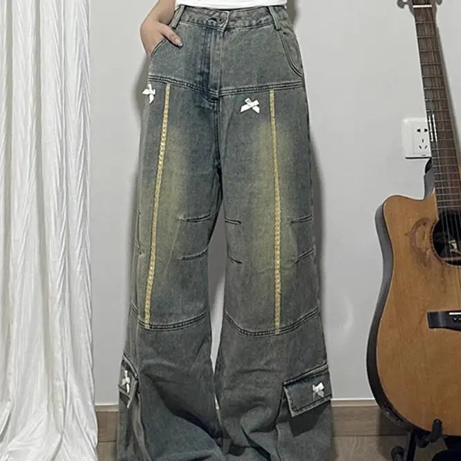 Spring and Autumn New Men and Women Trendy Personalized Straight Tube Splicing Jeans for Couples Loose Retro Casual Pants