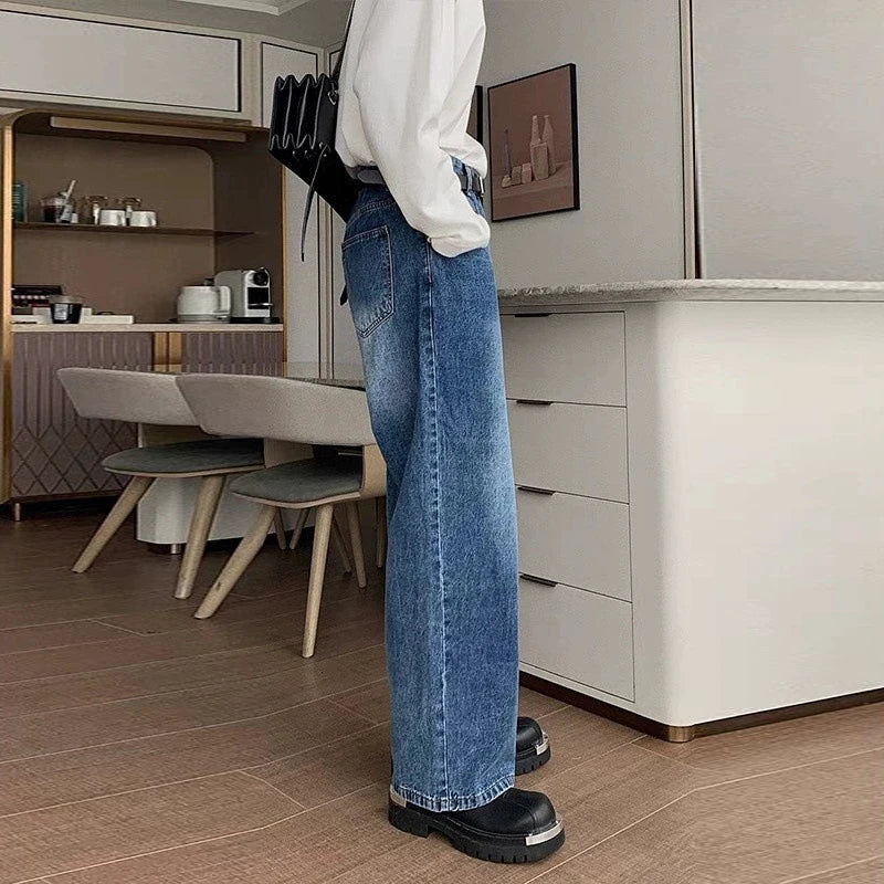 New Korean Cleanfit Male Jeans Luxury Naples High Waist Wide Legs Denim Pants Fashion Solid Color Retro Premium Elegant Trousers