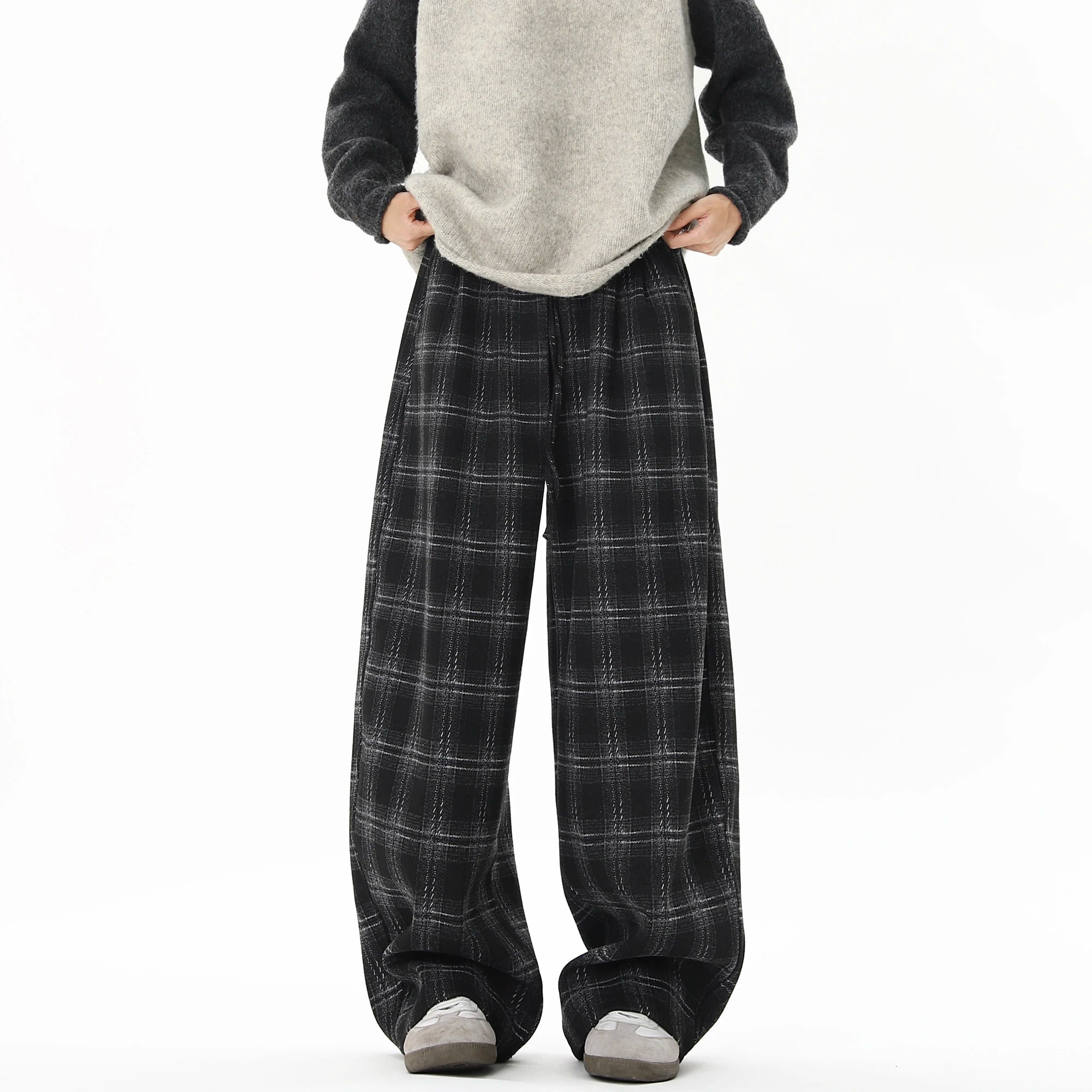 Winter Trendy Tartan Fleeced Plaid Casual Pants Men's Loose Straight Warm Long Pants Mopping Trousers For Men Black/Coffee