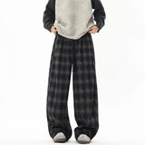 Winter Trendy Tartan Fleeced Plaid Casual Pants Men's Loose Straight Warm Long Pants Mopping Trousers For Men Black/Coffee